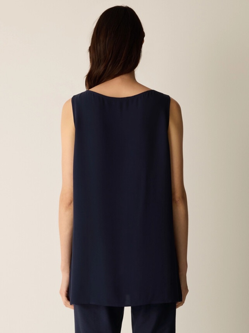 Eileen Fisher Ink Navy Blue Silk Georgette Chiffon Long Tank Top Shirt Blouse - Picture 13 of 14